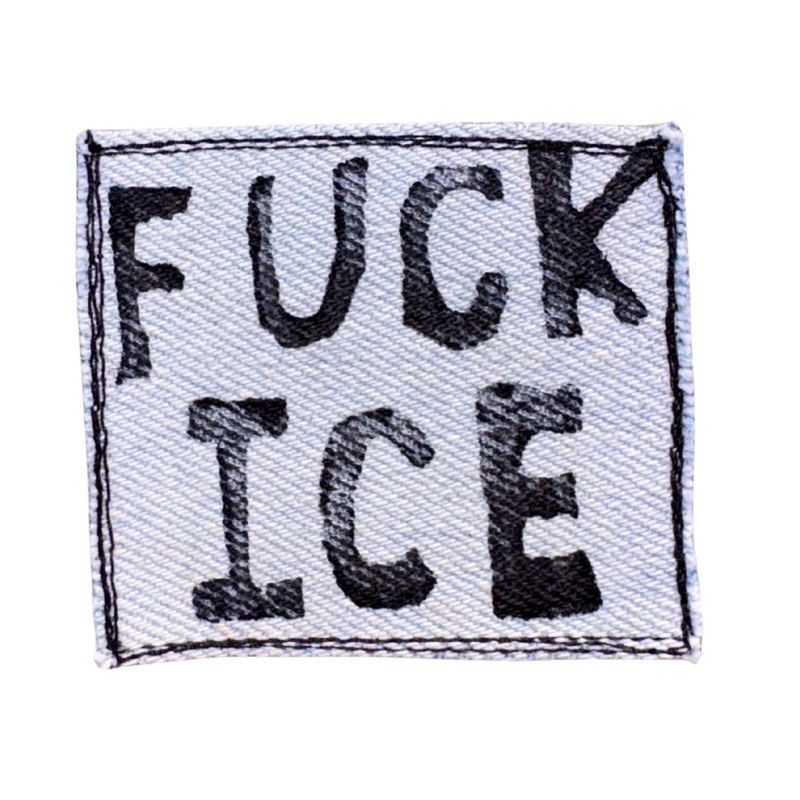 black printed FUCK ICE iron-on patch