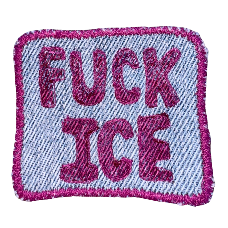 pink printed FUCK ICE iron-on patch