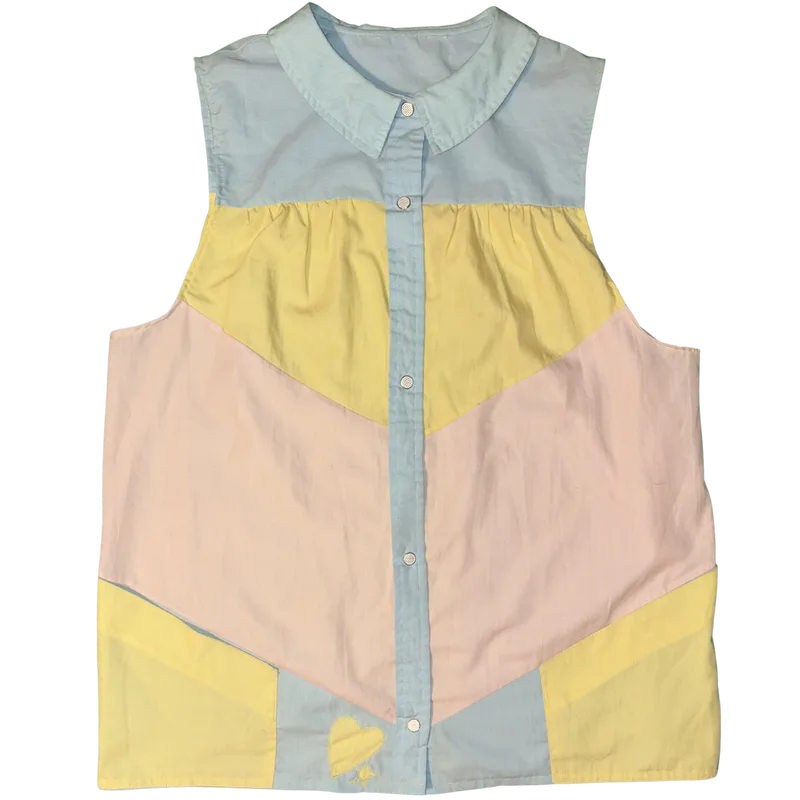 blue yellow and pink sleeveless button-up top (L)