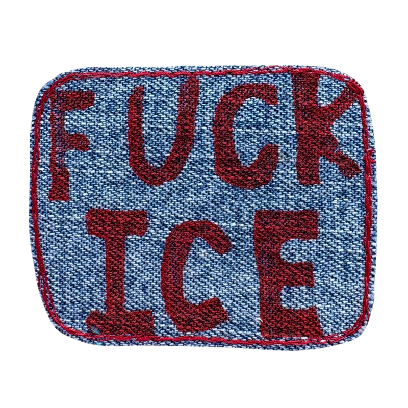 red printed FUCK ICE iron-on patch