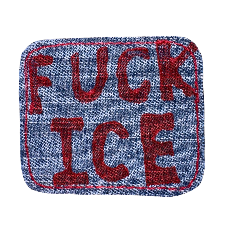 red printed FUCK ICE iron-on patch