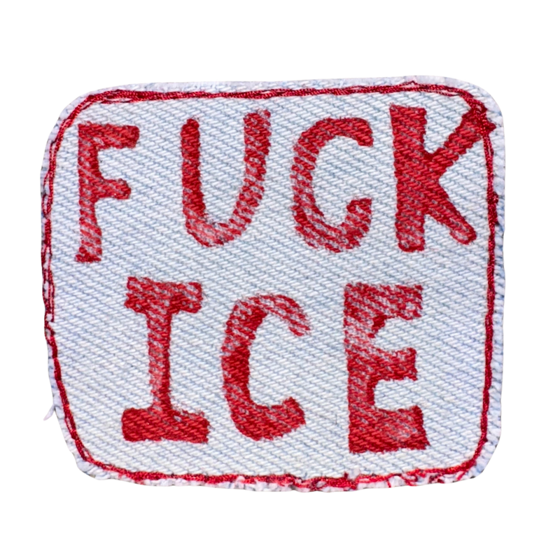 red printed FUCK ICE iron-on patch