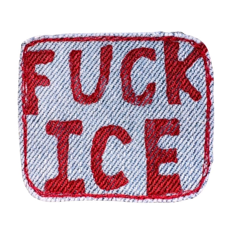 red printed FUCK ICE iron-on patch