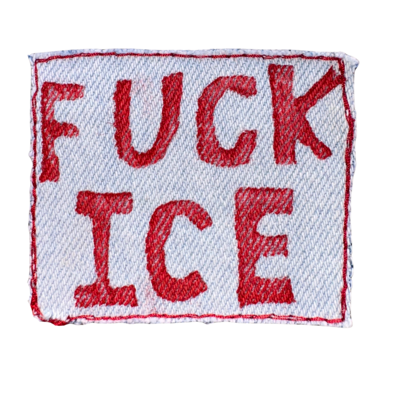 red printed FUCK ICE iron-on patch