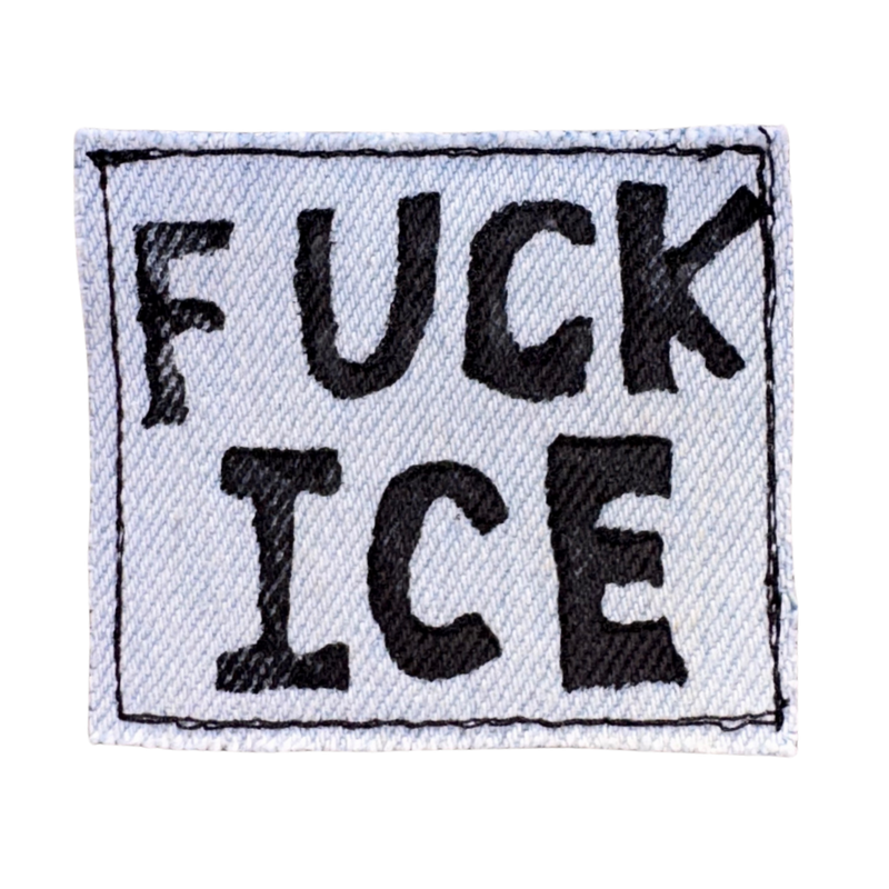 black printed FUCK ICE iron-on patch