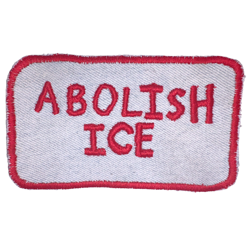 red embroidered ABOLISH ICE iron-on patch